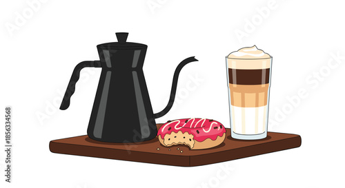 Coffee break scene with a pour-over coffee pot, a layered latte macchiato in a tall glass, and a pink donut on a wooden tray.