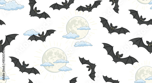 Spooky and cute seamless Halloween pattern with cartoon bats flying in front of a full moon and clouds, on a clean white background.