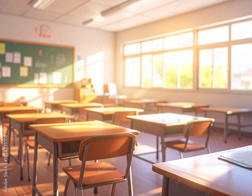 Fototapeta premium Blurred classroom interior, bright natural light background for education content.