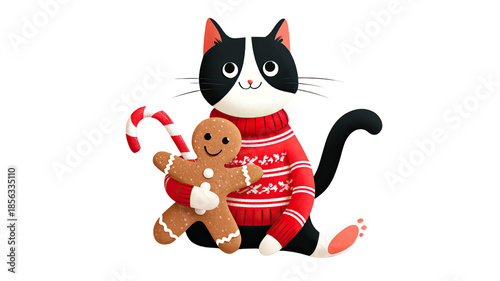 Cute festive black and white cat wearing winter sweater holding gingerbread cookie holiday illustration isolated on white