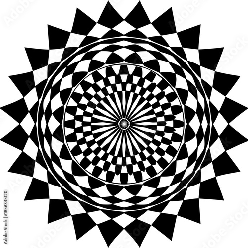 Vector illustration of a black and white mandala with a round geometric ornament featuring a checkered 3d illusion pattern and abstract tunnel shapes for a decorative wallpaper backdrop