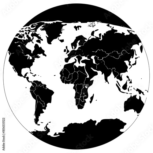 A global vector illustration of the world map featuring detailed continents like Europe, Asia, and America as a silhouette on a black background for business travel and geography atlas projects