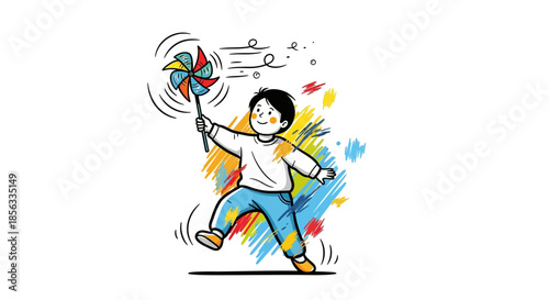 Happy child playing with colorful pinwheel outdoors.