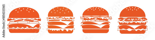 Set of four minimalist orange burger illustrations with different layers, representing fast food.