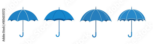 Four blue umbrellas are displayed in a row against a white background.