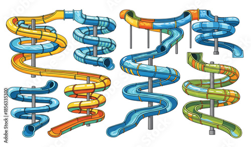 Water park tube slide vector set with cartoon aquapark attractions isolated on white background