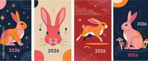 Collection of four vertical banners with cute rabbits and 2026 text, cad drawing flat vector illustration for lunar new year calendar or poster.