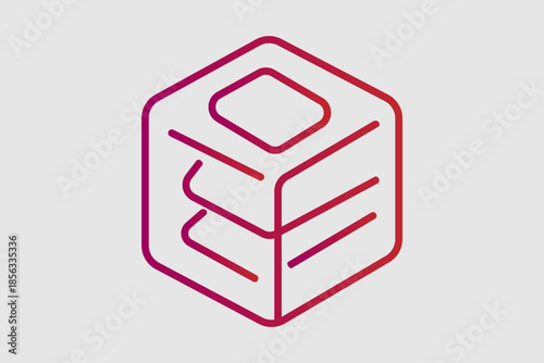 The image shows a minimalist line-art illustration of a stacked database or server system inside a hexagonal shape.