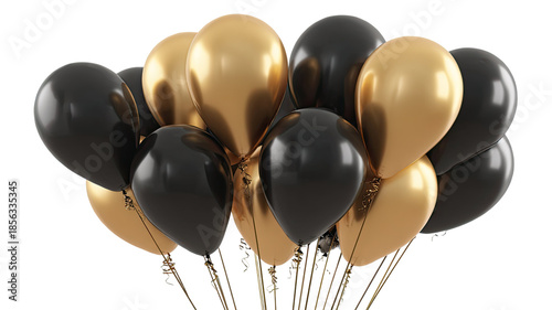 Luxury black and gold balloons elegant party decoration floating cluster isolated on white background