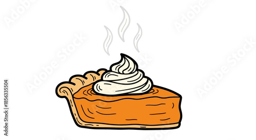 Delicious pumpkin pie slice topped with whipped cream and steam rising.