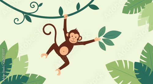 Happy cartoon monkey hanging from a jungle vine with one hand and holding leaves with the other, surrounded by tropical foliage.