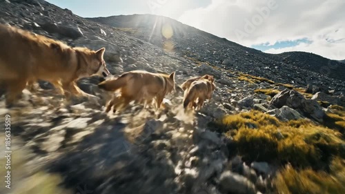 A pack of wolves swiftly ascends a rocky mountain under the bright sunlight capturing their energy