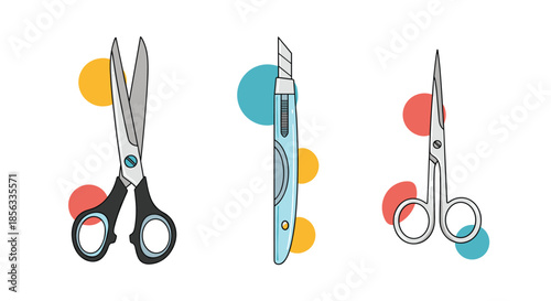 Set of three different types of cutting tools: standard scissors, a craft knife, and small embroidery scissors, with colorful abstract dots.