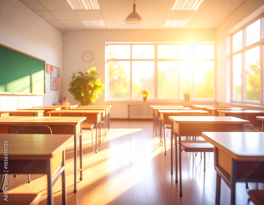 Fototapeta premium Blurred classroom interior, bright natural light background for education content.