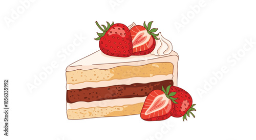 Delicious slice of vanilla and chocolate layer cake decorated with whipped cream and fresh whole and sliced strawberries on top.