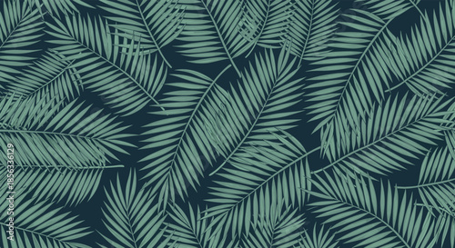 Seamless tropical pattern featuring detailed green palm leaves elegantly arranged on a dark, moody teal blue background for textiles.