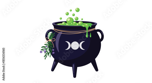 Mystical witch's cauldron bubbling with a green potion, decorated with a triple moon symbol and a bundle of fresh herbs.