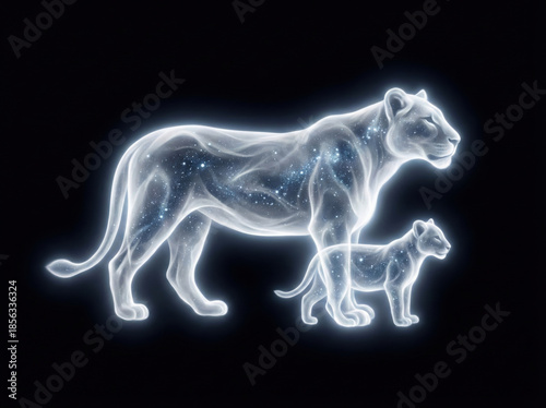 Ethereal lioness and cub formed from stardust and nebulae on black background