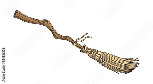 Classic wooden witch's broomstick with a gnarled handle and straw bristles, isolated on a clean white background illustration.