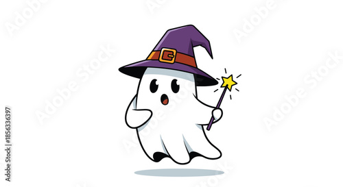 Adorable cartoon ghost character wearing a pointy purple witch hat and holding a sparkling magic wand, isolated on white background.
