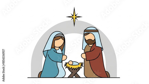 Mary and joseph kneeling beside jesus' manger under a bright star on a white background, a simple yet poignant nativity scene in a flat illustration style