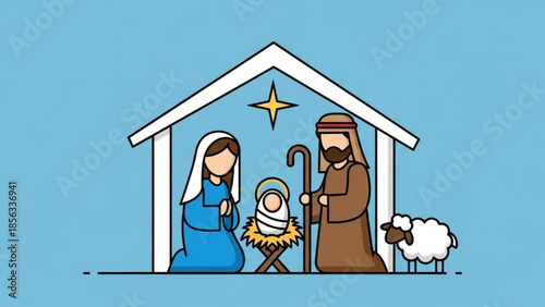 A serene nativity scene with mary, joseph, baby jesus, and a sheep under a bright star in a simple white manger on a light blue background