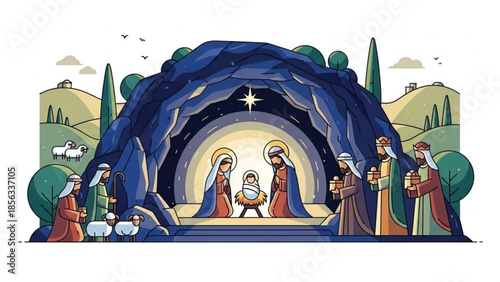 Nativity scene with holy family and three wise men in a cave at night with a bright star shining above, surrounded by shepherds and sheep in a serene landscape