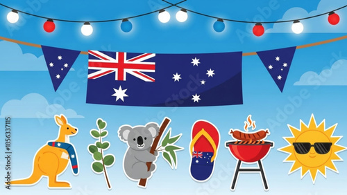 Australian themed party decorations with kangaroo, koala, eucalyptus, flip flops, barbecue, and sunny day, celebrating australia day with patriotic bunting and string