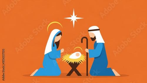 Mary and joseph kneeling beside jesus in a manger with a bright star shining above them on an orange background