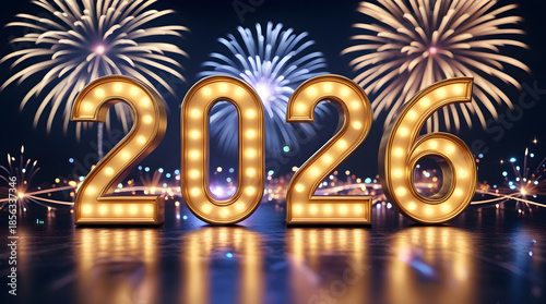 A creative and modern Happy New Year 2026 design, featuring bold “2026” typography as the main focus