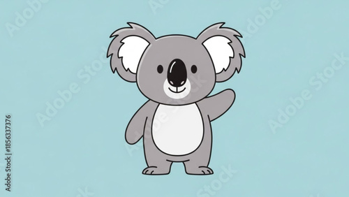 A cute gray cartoon koala bear with white chest and ears standing on a light blue background waving its hand