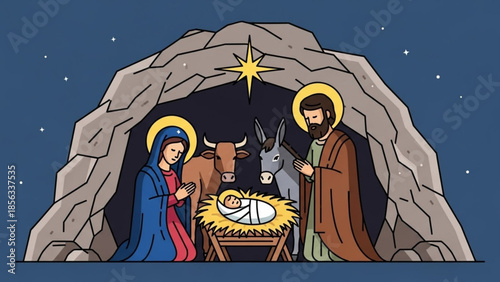 Nativity scene with mary, joseph, baby jesus, donkey, ox, and star in a manger, christmas religious illustration