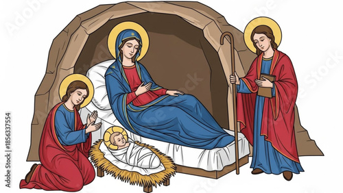 Nativity scene with virgin mary, angels, and baby jesus in a manger, christian religious illustration, holy family, angels praying, shepherd, cave background