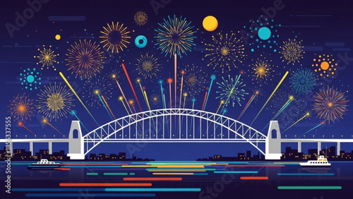 Vibrant fireworks display over white arched bridge at night, colorful explosions in dark blue sky, illuminated cityscape and boats on water, celebration and festivity