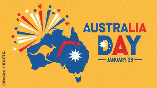 Vibrant australia day celebration graphic with map, kangaroo, fireworks on yellow background, january 26th