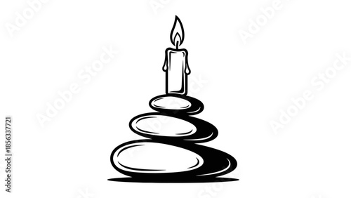 Stylized black and white illustration of a lit candle balanced on a stack of smooth, rounded stones, symbolizing peace and meditation.