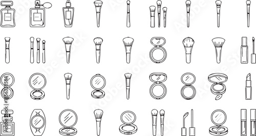 Makeup Brushes and Cosmetic Accessories Icon Set - Vector Line Art Collection of Beauty Tools, Mirrors and Fragrance Bottles