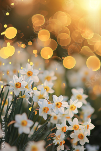 Wallpaper Mural  Ethereal field of white daffodils with golden dots in soft bokeh lights Torontodigital.ca