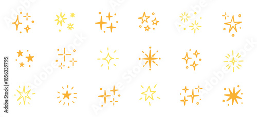 Hand drawn star gold color spark element icon set. Cute star shape twinkle glitter spark shine crayon texture brush icon. Hand drawn sketch doodle. Yellow decoration background vector illustration