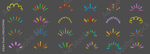 Line surprise shine ray color icon set. Hand drawn doodle color sparkle shine, surprise, sunburst frame with pop confetti ornament element collection. Comic headline decoration light ray. Vector