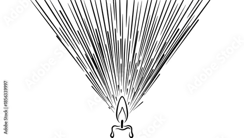 Candle flame with radiating light rays, hand-drawn illustration in black and white style.