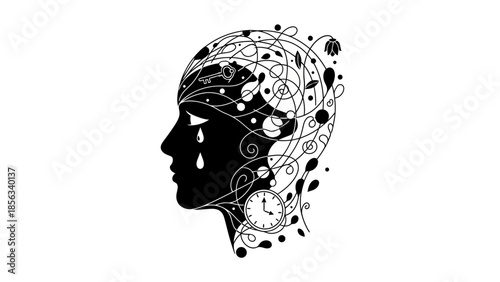 Abstract illustration of a human head with intricate patterns, symbolizing complex thoughts and emotions.