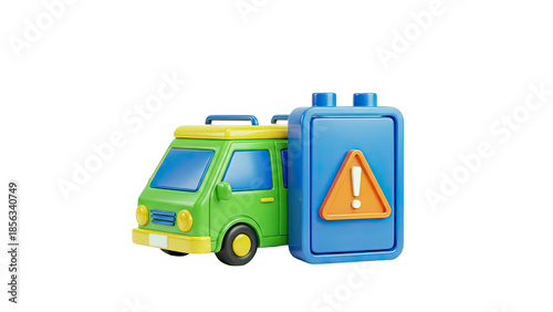 3D cartoon green van with warning sign icon on transparent background