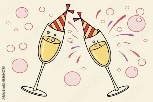 Festive Champagne Toast with Party Hats Celebration