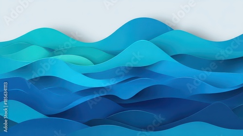 Abstract Blue Paper Cut Waves Layers Design with Gradient Effect on White Background Creative 3D Papercut Sea Ocean Wavy Texture Decorative Backdrop Wallpaper