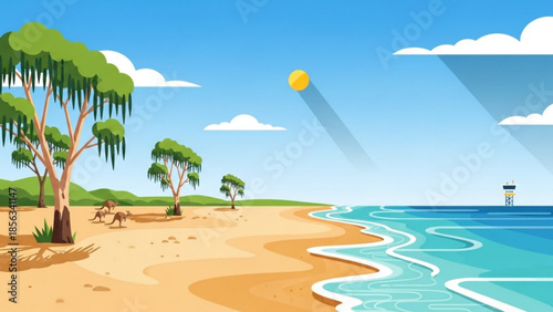 A serene beach scene with trees, kangaroos, and a lifeguard tower under a sunny blue sky with white clouds