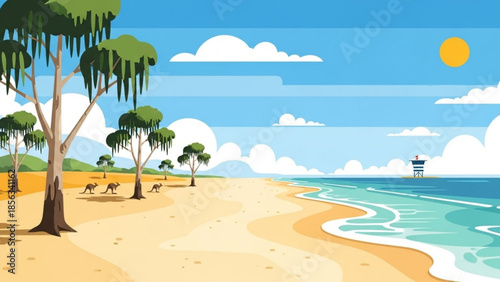 Serene beach landscape with trees, animals, and lifeguard tower on sunny day, calm ocean waves