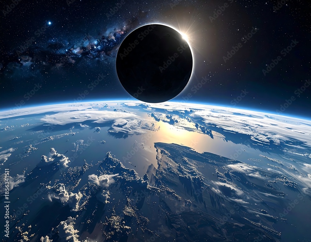 Obraz premium Earth, sun, and moon aligned, with a galaxy backdrop