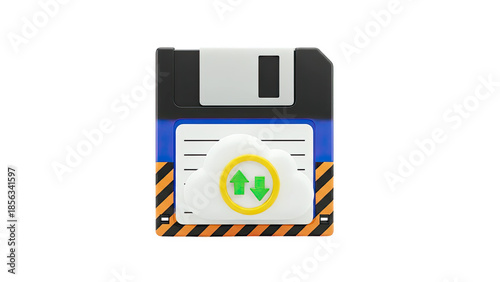 3D Floppy Disk with Cloud Upload Download Icon on transparent background