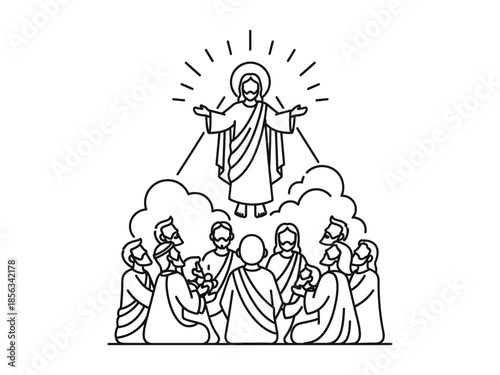 Black line drawing of Jesus ascending above disciples on clouds